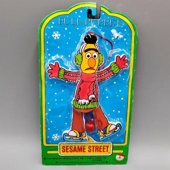 Sesame Street Pull Puppet Bert Ice Skating Wooden Red String Kurt Adler 6 inch - Picture 1 of 5